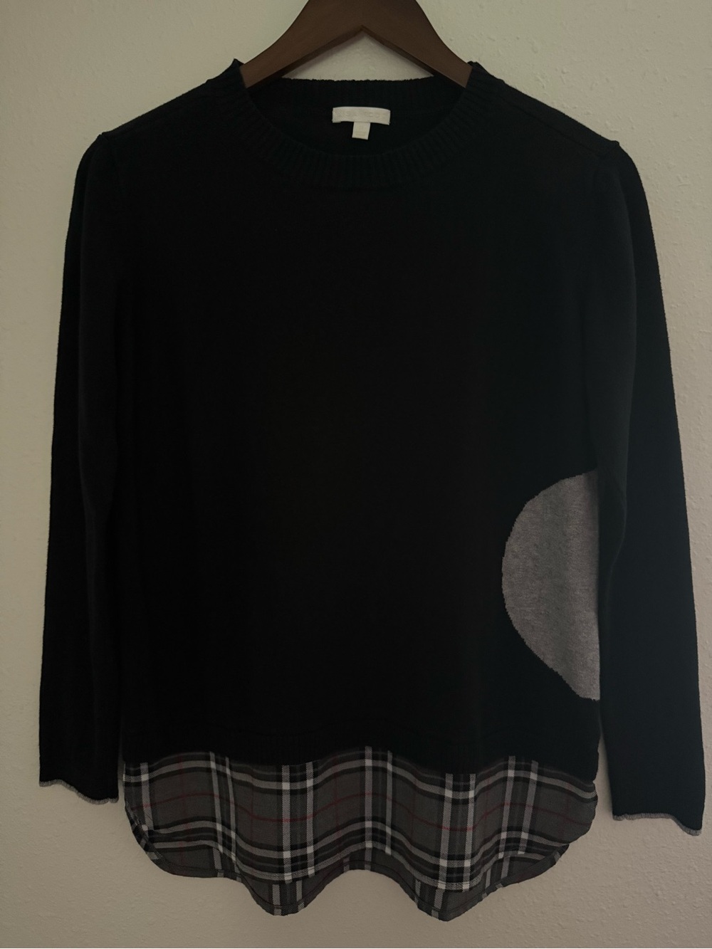 Lisa Todd Black Cotton Cashmere Plaid Hem Sweater Size Small